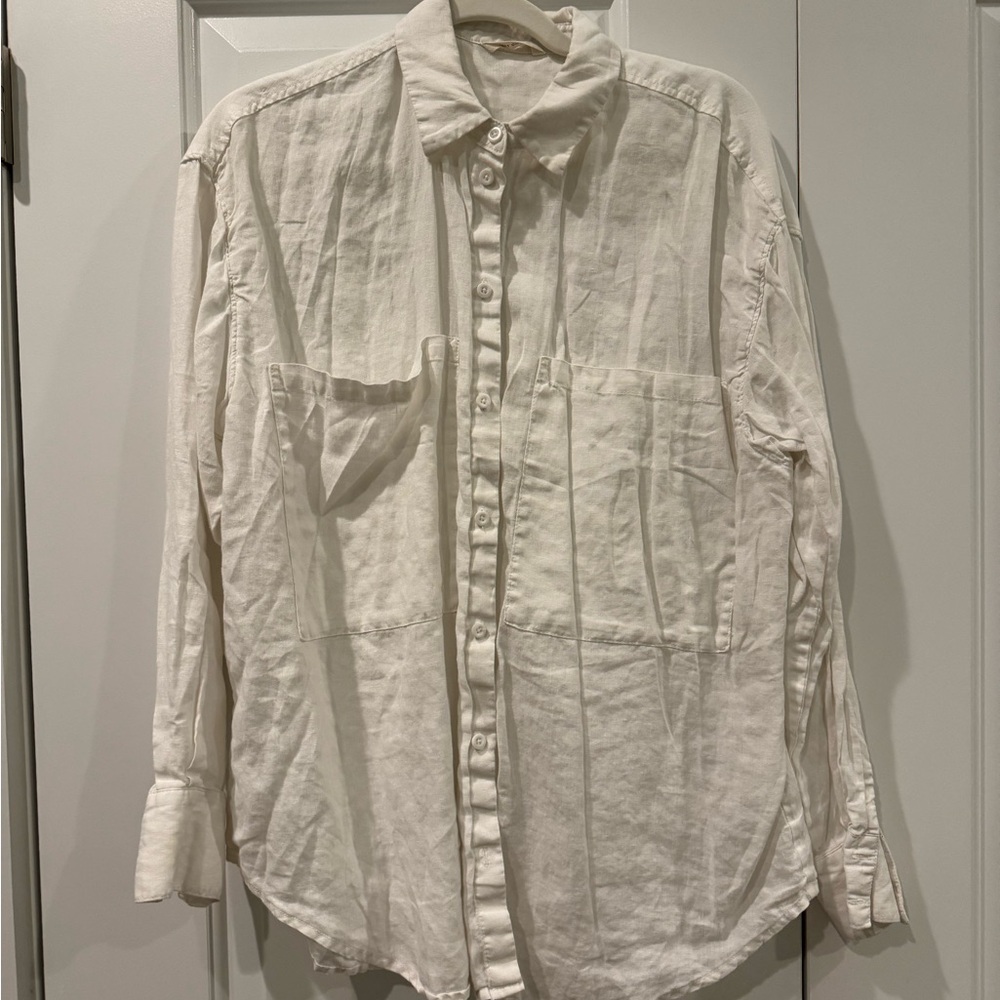 Left On Friday White Linen Button Down Shirt
